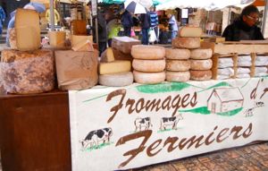 Cheeses in the market, Sarlat, Dordogne, France